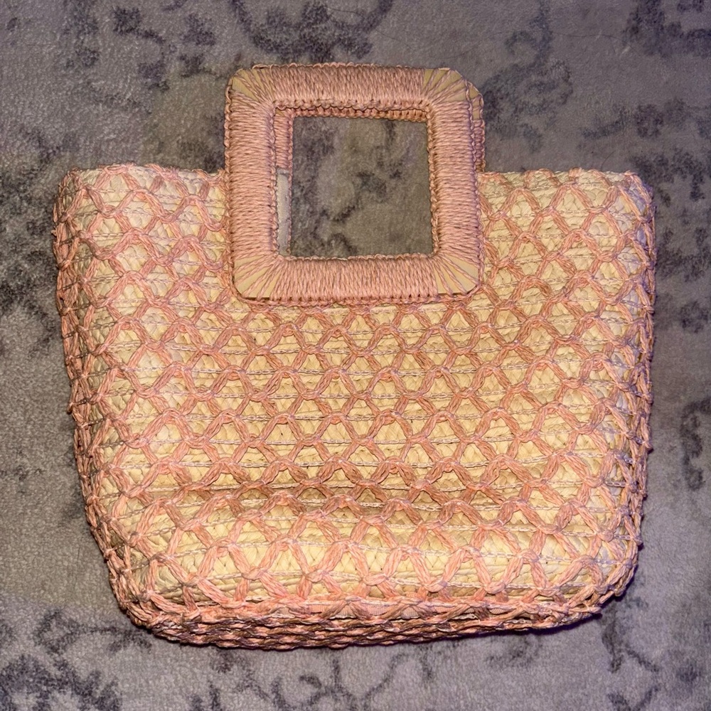 Small Light Pink Straw Tote Bag Double Handles Open Top. EUC
